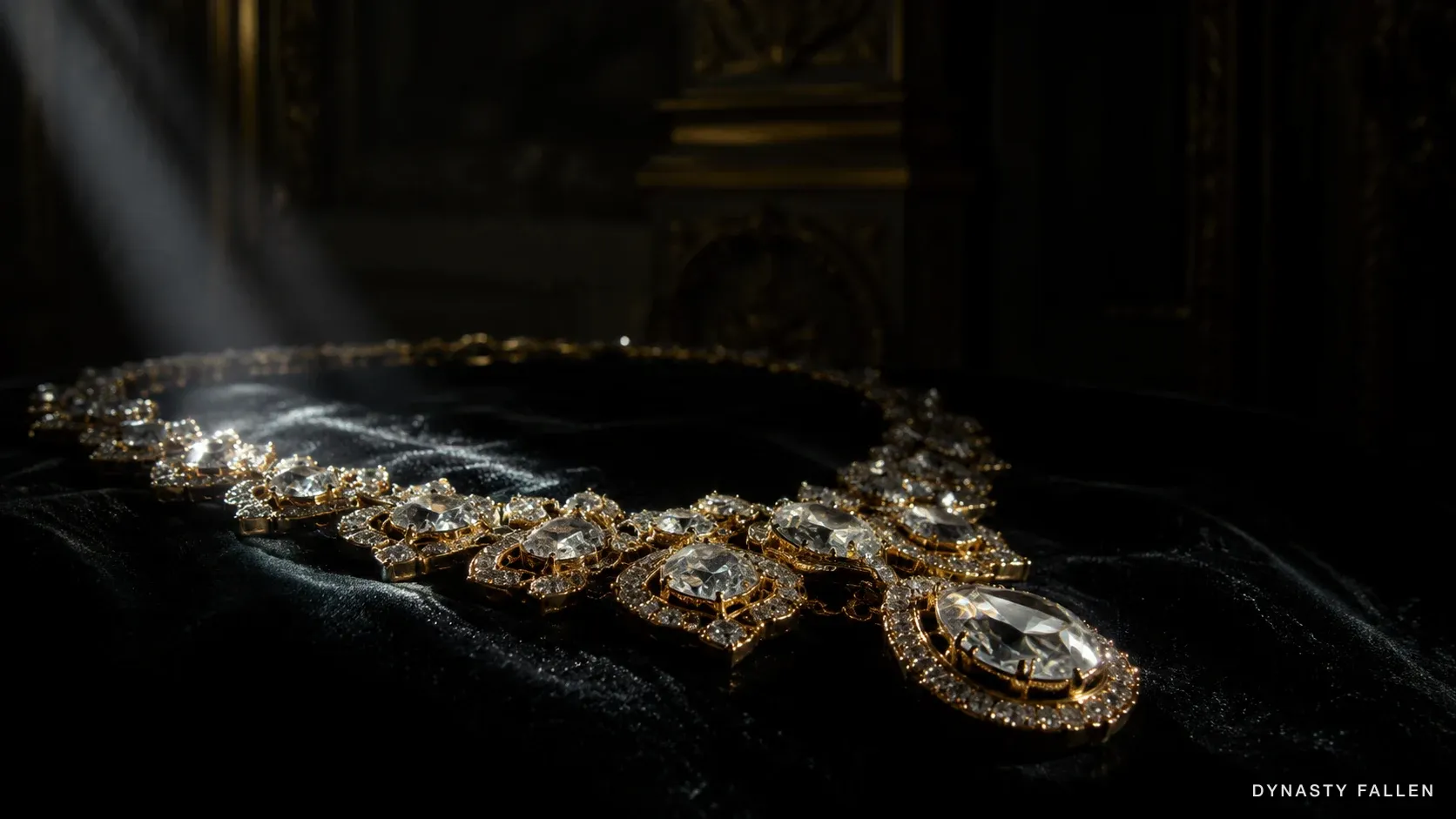 The empty gilded hall with the gold diamond-style necklace laid alone in the light.