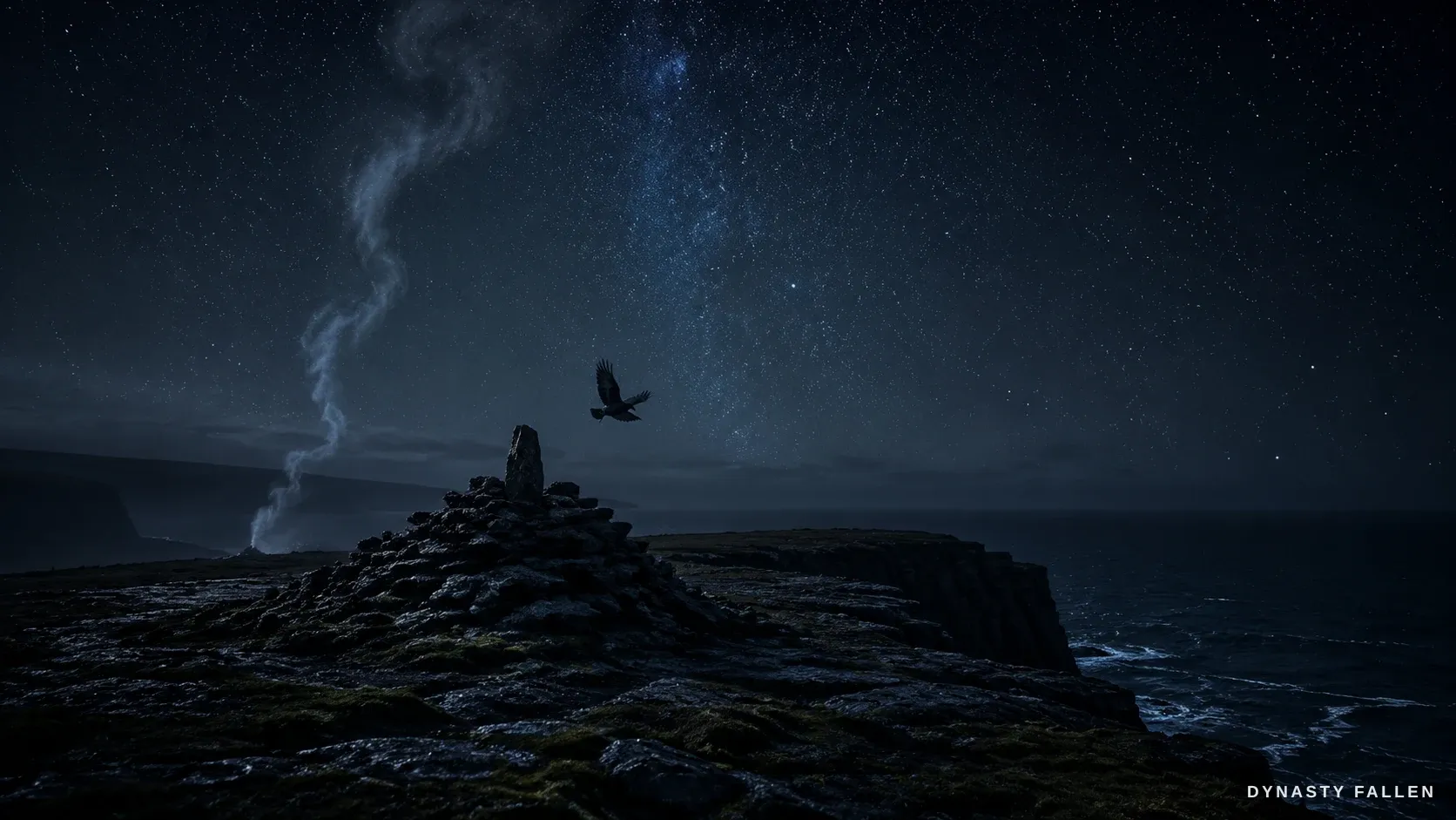 A dark Orkney headland at night, a last raven lifting from a low grave-cairn under the cold stars.