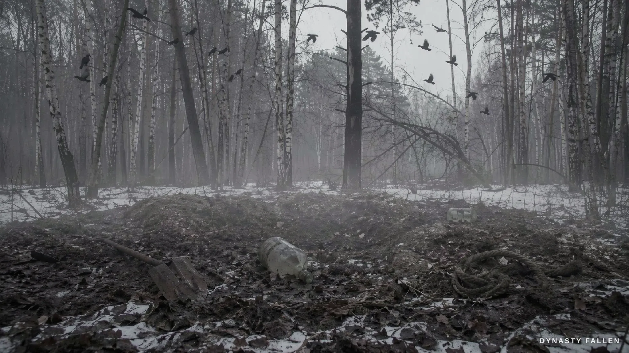 A wide view of the cold Koptyaki forest, bare birches in grey mist.