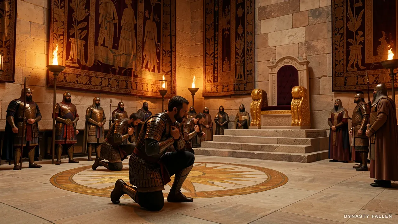 A general in dark linen and bronze in the Palmyra throne room.