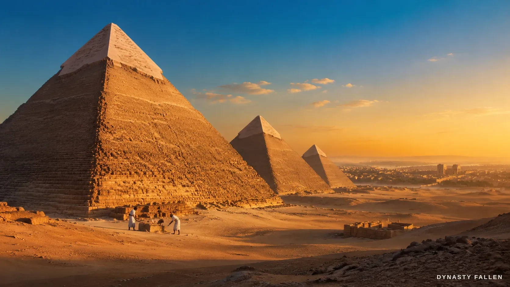 The Pyramids of Giza at golden hour, the Great Pyramid catching the last light.