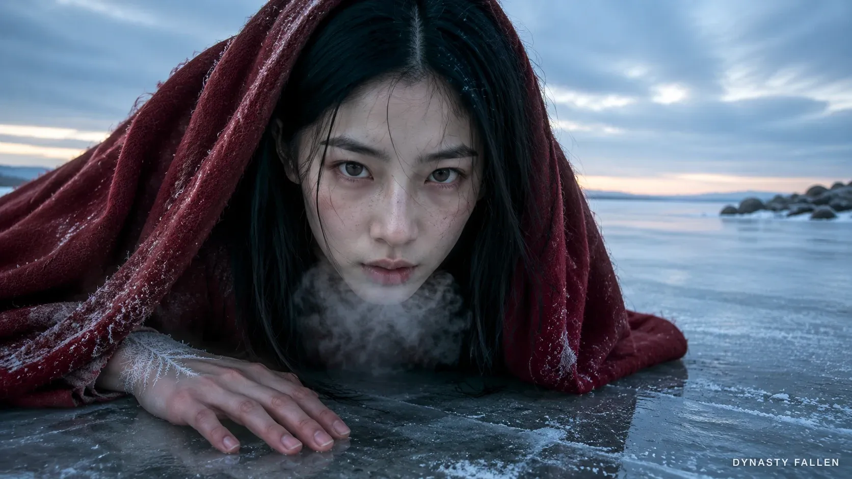 Rei kneels on the glassy ice of the frozen lake at first dawn, dark-red wool blanket-shawl pulled forward across her shoulders like a hood, bare right hand flat on the ice near her temple, face turned slightly upward, dark-grey eyes meeting the camera, pale gold horizon glimmering behind, visible breath forming a mist, frost fanning from her wrist.