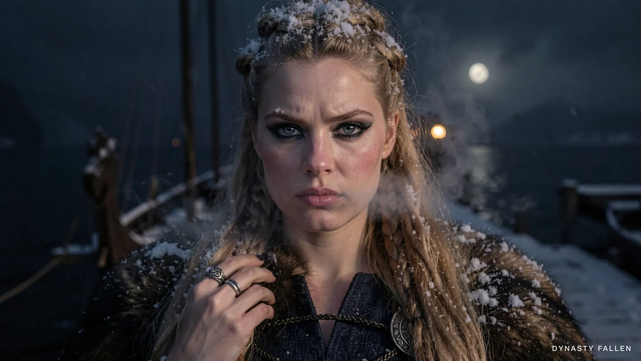 Close-up of Sigrid's face at the open end of the harbour pier, strong moonlight catching the charcoal kohl lining her pale blue-grey eyes, snow on her thick warrior braids and the wolf-fur stole, the carved dragon prow blurred behind her, the iron marriage band visible on her left third finger, breath plume escaping her mouth.