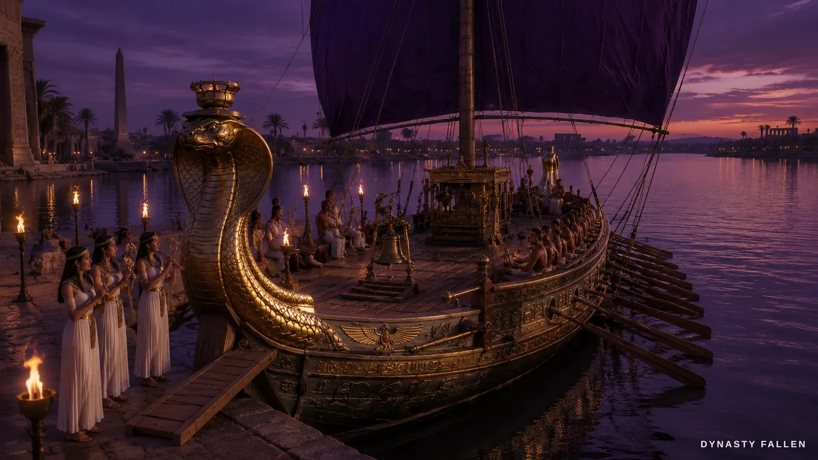 The temple-ship anchored at the quay under a deepening dusk sky.