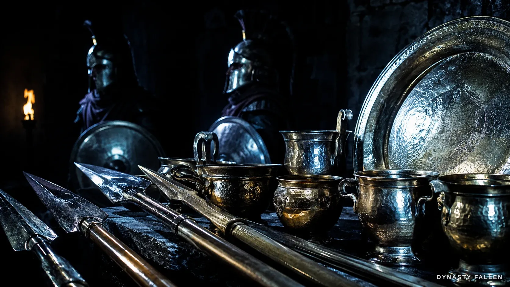 A cold cutaway of Macedonian material wealth — bronze spearheads, crested helmets, a hammered gold phiale and silver drinking vessels in low torchlight.