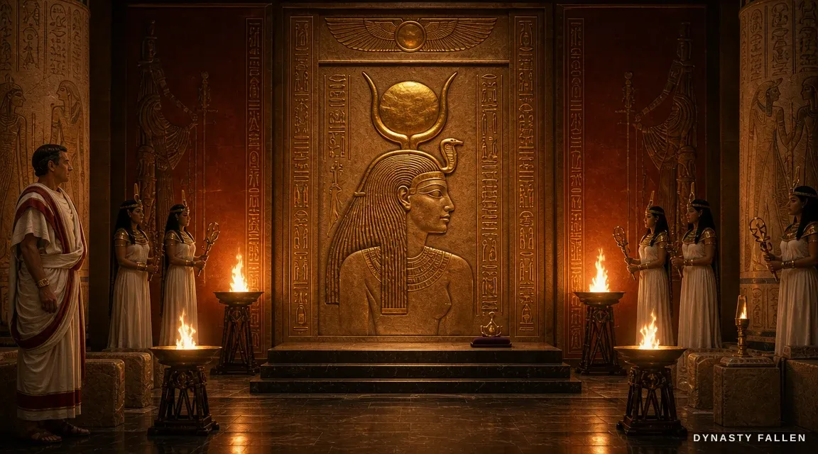 A sandstone relief carved into the throne-room wall, detail catching the brazier light.