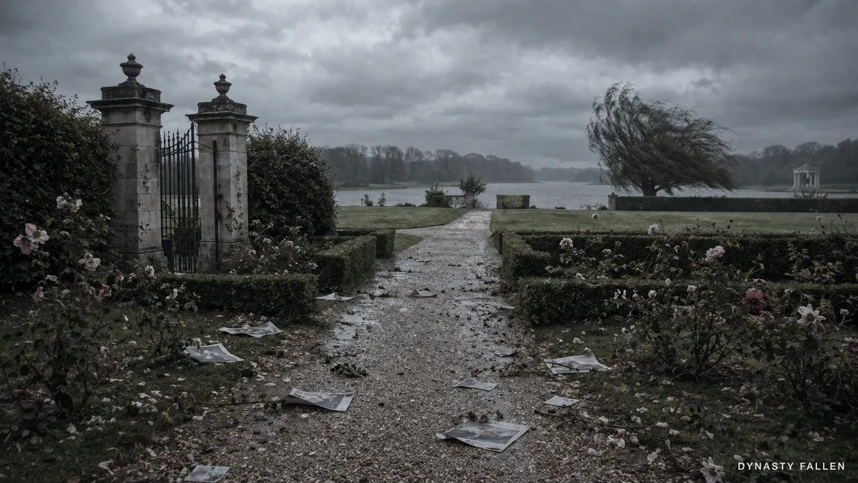 The empty Petit Trianon garden gate standing open on the path beyond.