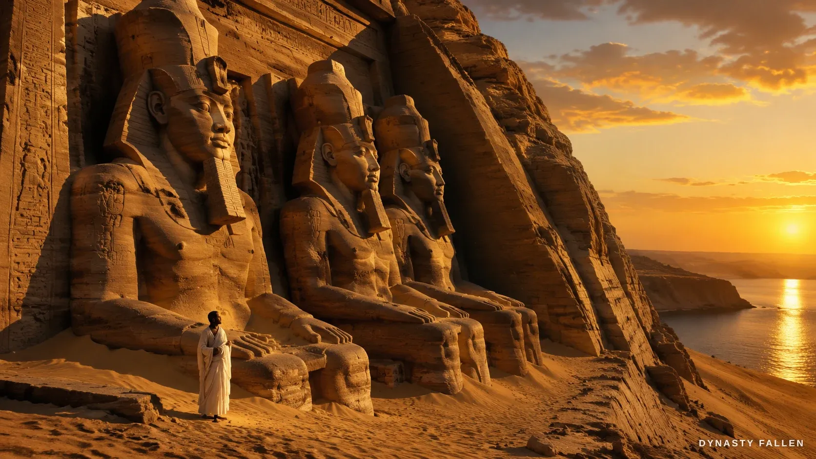 The four seated colossal sandstone statues of Abu Simbel rising against the dusk.