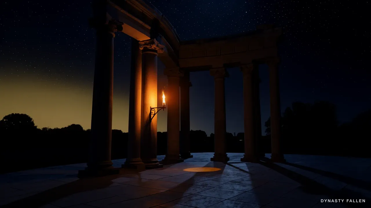 The Colonnade Street Night — the columns dark silhouettes against a deep blue sky, torches lit.
