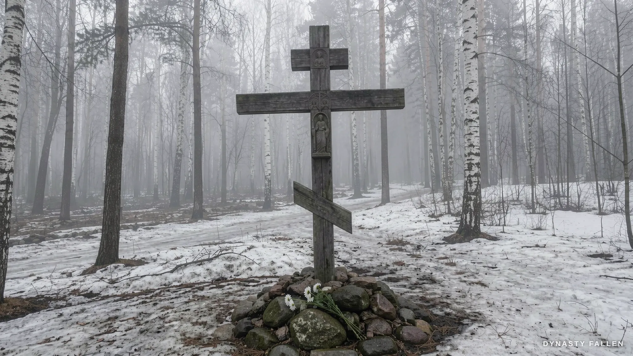 The present-day weathered Orthodox wooden grave-cross at Ganina Yama in cold grey light.