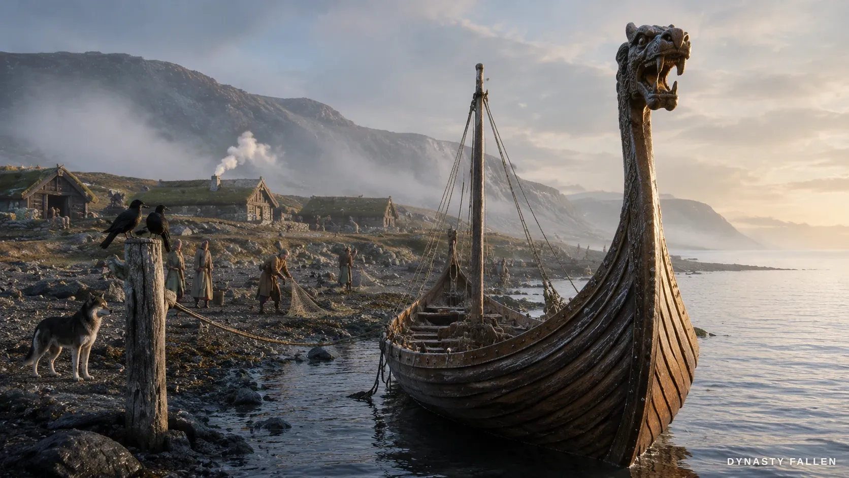 A medium-low angle reveals the dragon-head prow of the longship.