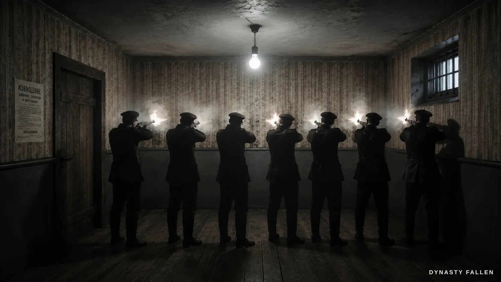 The Ipatiev House cellar, striped wallpaper and a single bare bulb, a row of squad silhouettes raising rifles at the wall.