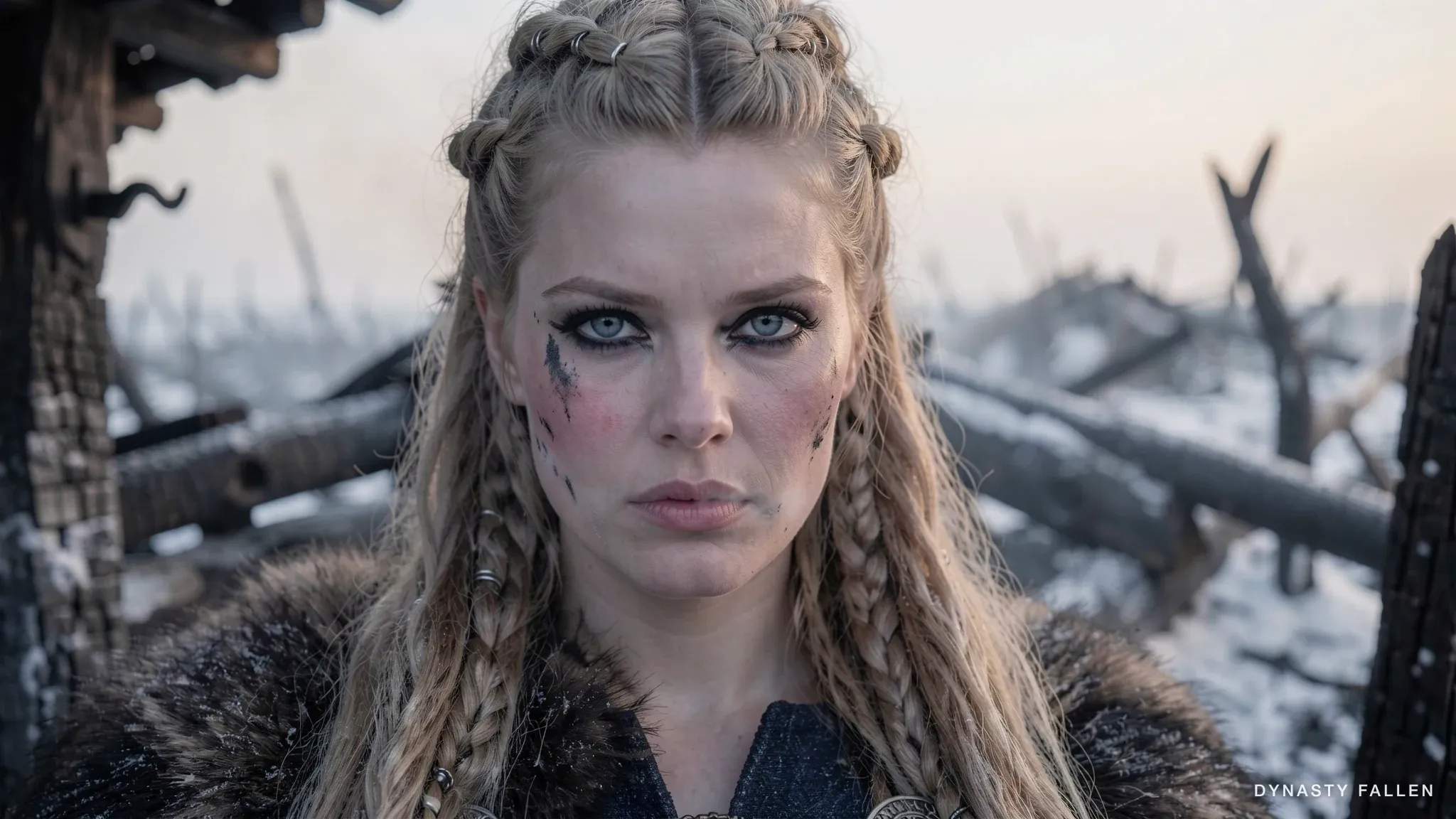 Close-up of Sigrid's face at the burnt threshold at dawn, fur stole on her shoulders lightly sooted, pale blue-grey eyes lined with kohl, breath visible in the cold air, the smoking ruin blurred behind her.
