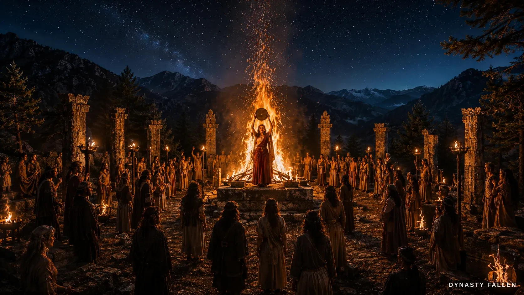 The full ring of maenads whirling around a towering bonfire with torches and streaming sparks, Olympias at the centre with the tympanon raised, mountains and star-field vast above.