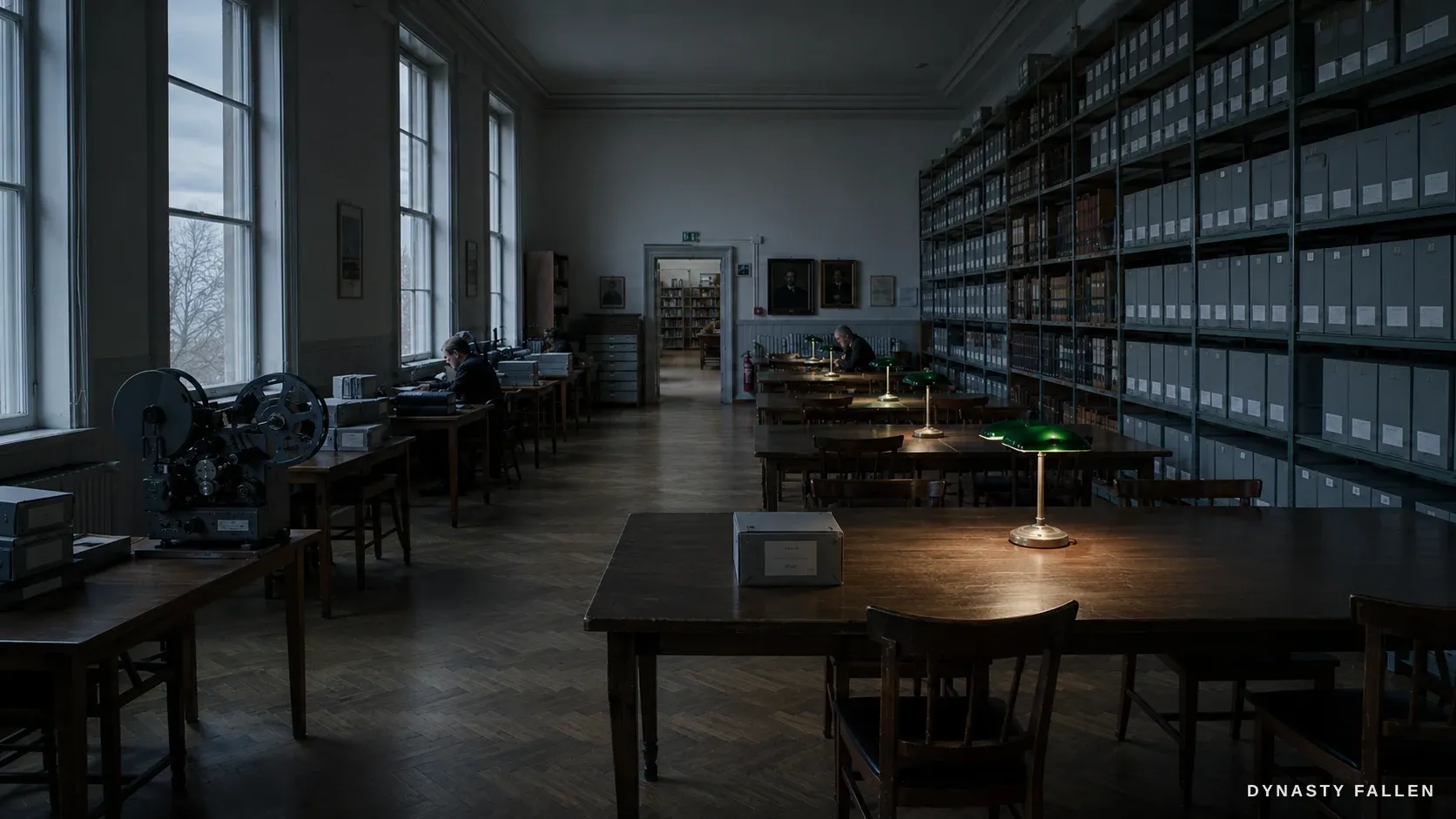 A present-day regional archive reading-room, long wooden tables under green desk lamps, walls of grey box-files, cold window light.