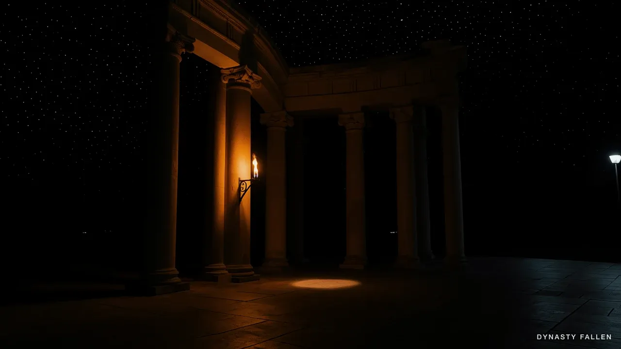 The Colonnade Street Night in a wider frame — the torch visible, columns receding into dark.
