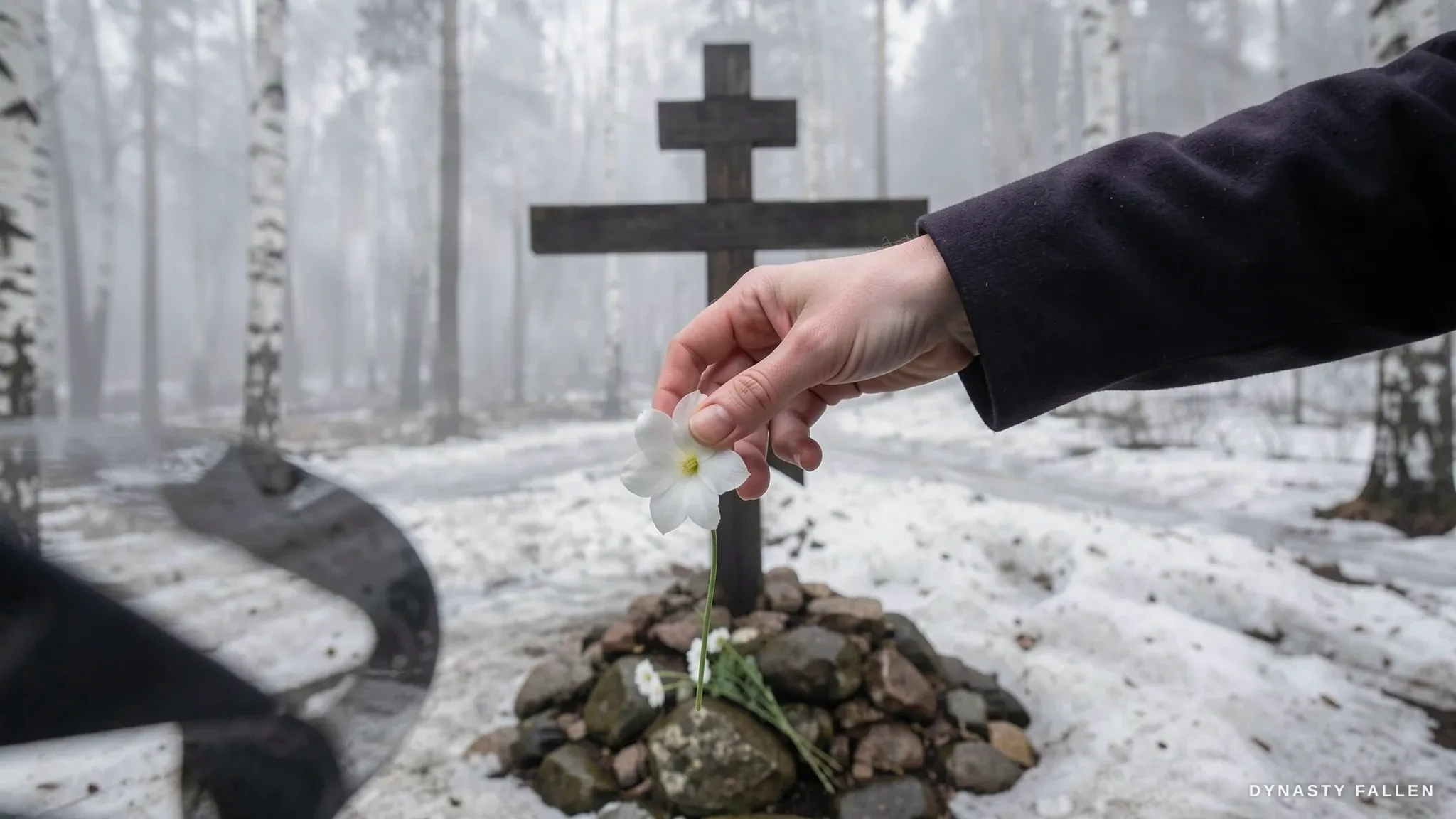 A single white flower laid at the foot of the grave-cross at Ganina Yama.