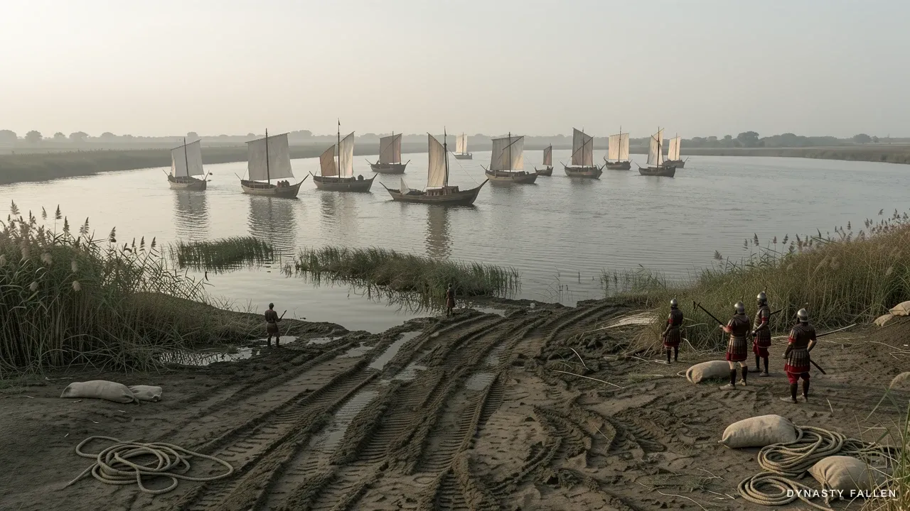 High angle looking down onto the Nile riverbank at dawn.