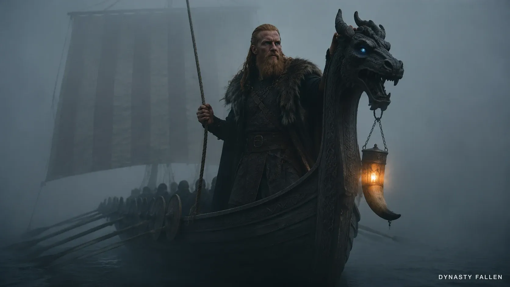 Olaf's longship drifting through dense slate-grey fog at predawn, the wooden hull dark and weathered, the dragon-head prow rising sharply with carved eyes catching a faint cold blue glint, the single square sail only a soft outline behind the mist, Olaf a dark silhouette at the prow, a horn lantern at the front casting a small amber pool that flickers weakly amidst the cold grey.
