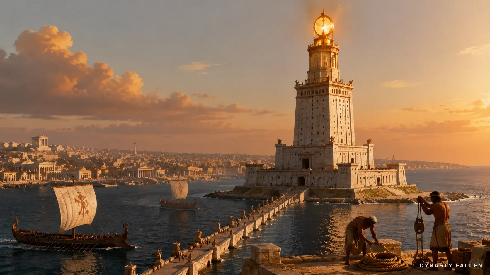 The Pharos lighthouse of Alexandria, the beacon flashing over the sea.