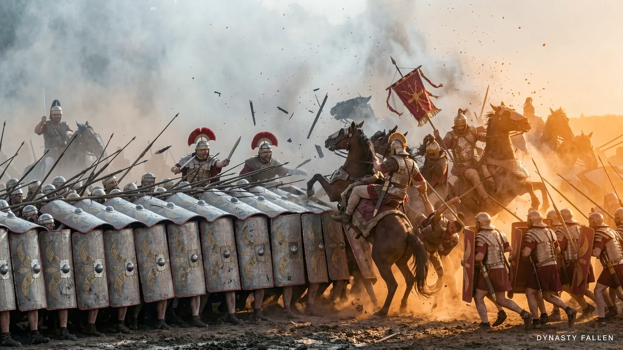 The Roman line presents an impenetrable shield-wall barrier.