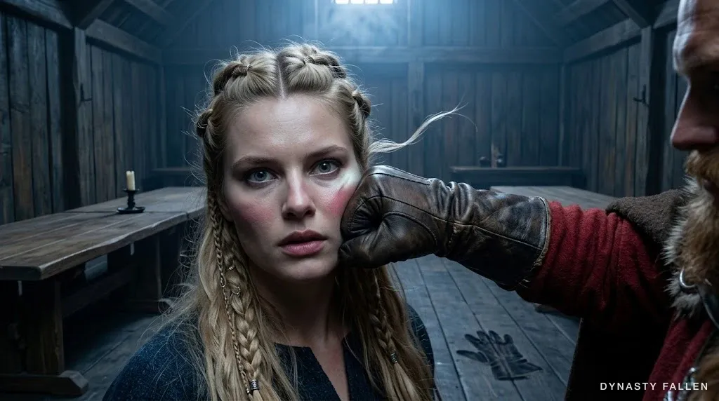 Inside Sigrid's hall, cold slate-blue overhead light from the smoke-hole falling across the timber walls and long oak table, Olaf's right hand sheathed in a dark brown leather gauntlet frozen mid-swing arcing toward Sigrid's left cheek, Sigrid's face turned slightly toward the viewer with eyes wide in imminent shock, the candle at the dais already extinguished.