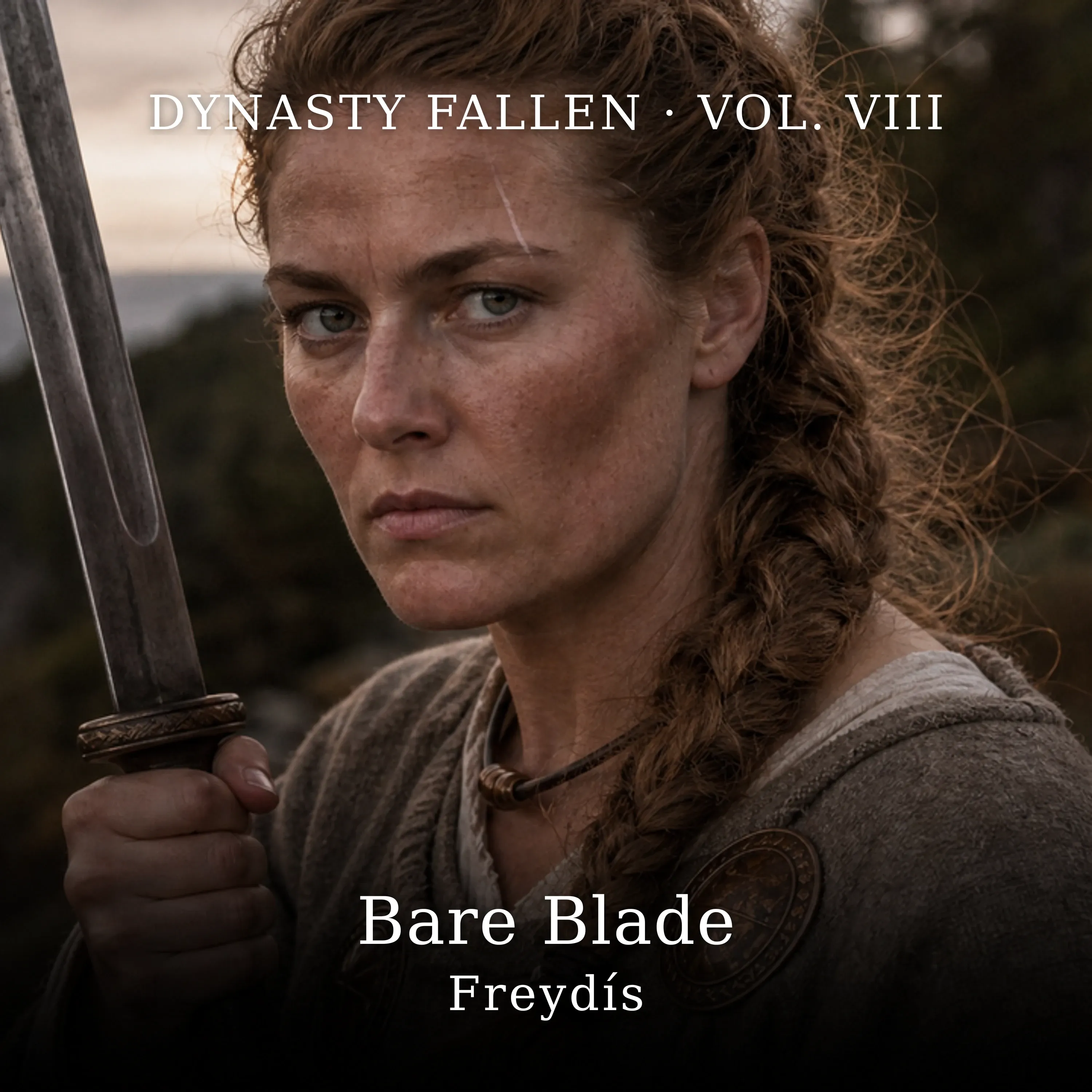 Bare Blade — track key art. Freydís at the Hóp clearing in golden-hour-to-dusk light, eight months pregnant, the 10th-century iron sword bared in her hand, dark strawberry-blonde warrior braid, the torn linen shift held at her shoulder, grey-green eyes locked forward, the Skrælingar treeline in cool shadow beyond her and the watch-fire’s warm glow at the camp edge. The Cinzel Medium wordmark reads ‘Bare Blade’ over ‘Freydís’ with the top banner ‘Dynasty Fallen · Vol. VIII’.