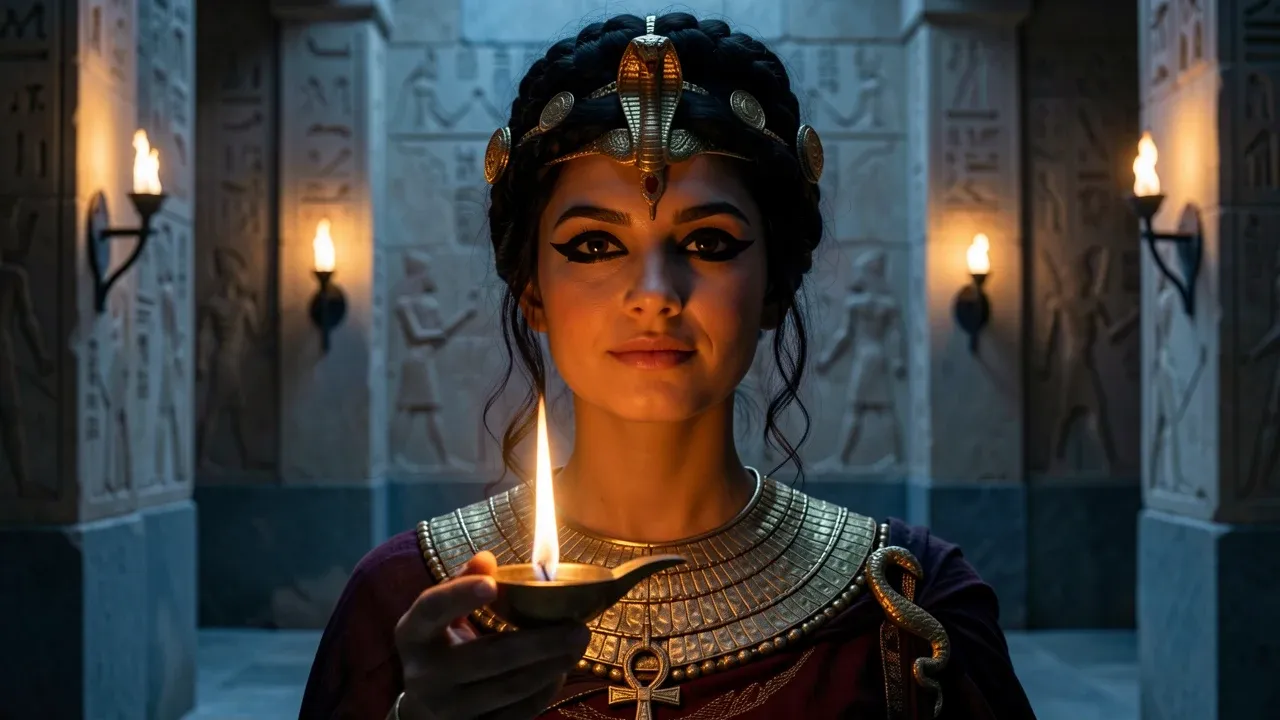 Cleopatra — album cover. The queen in three-quarter close, sea-grey eyes lit gold from a single tallow candle below frame, gilded Uraeus and Hathor-Isis double crown catching the warm flame, lapis-and-gold wesekh collar across her shoulders, the dark stone of the Memphis temple receding into cold blue dusk behind her.
