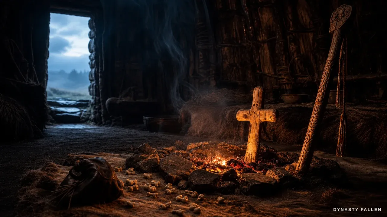 A plain pale-wood eleventh-century crucifix standing in the drifting divination smoke — the new cross over the old sight.