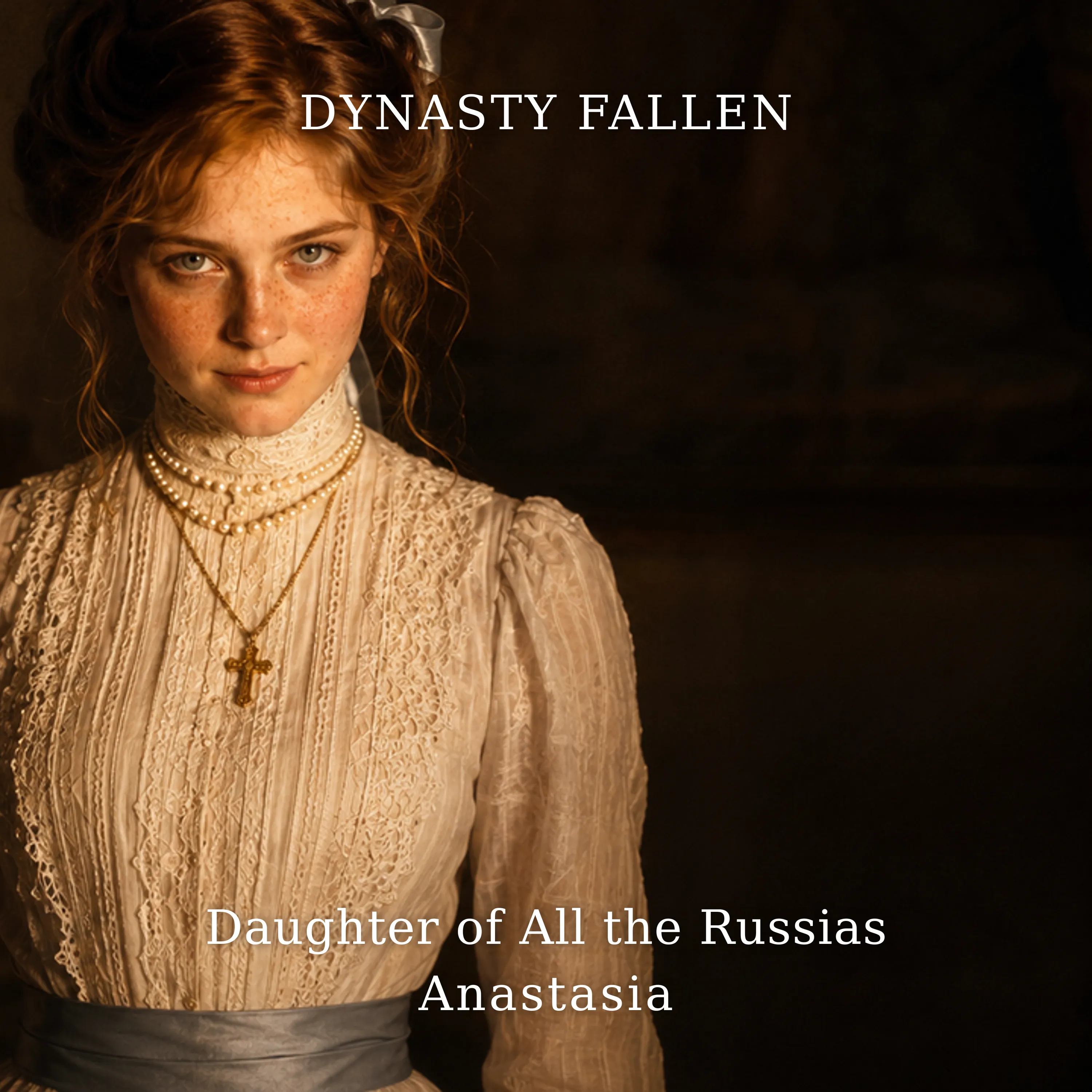 Anastasia — album cover. Grand Duchess Anastasia at seventeen in close three-quarter view, blue-grey Romanov eyes lit gold from below, a small gold Orthodox cross at her throat and imperial gold-and-enamel at her shoulder, the warm palace gold falling away into the cold grey of a cellar wall behind her.