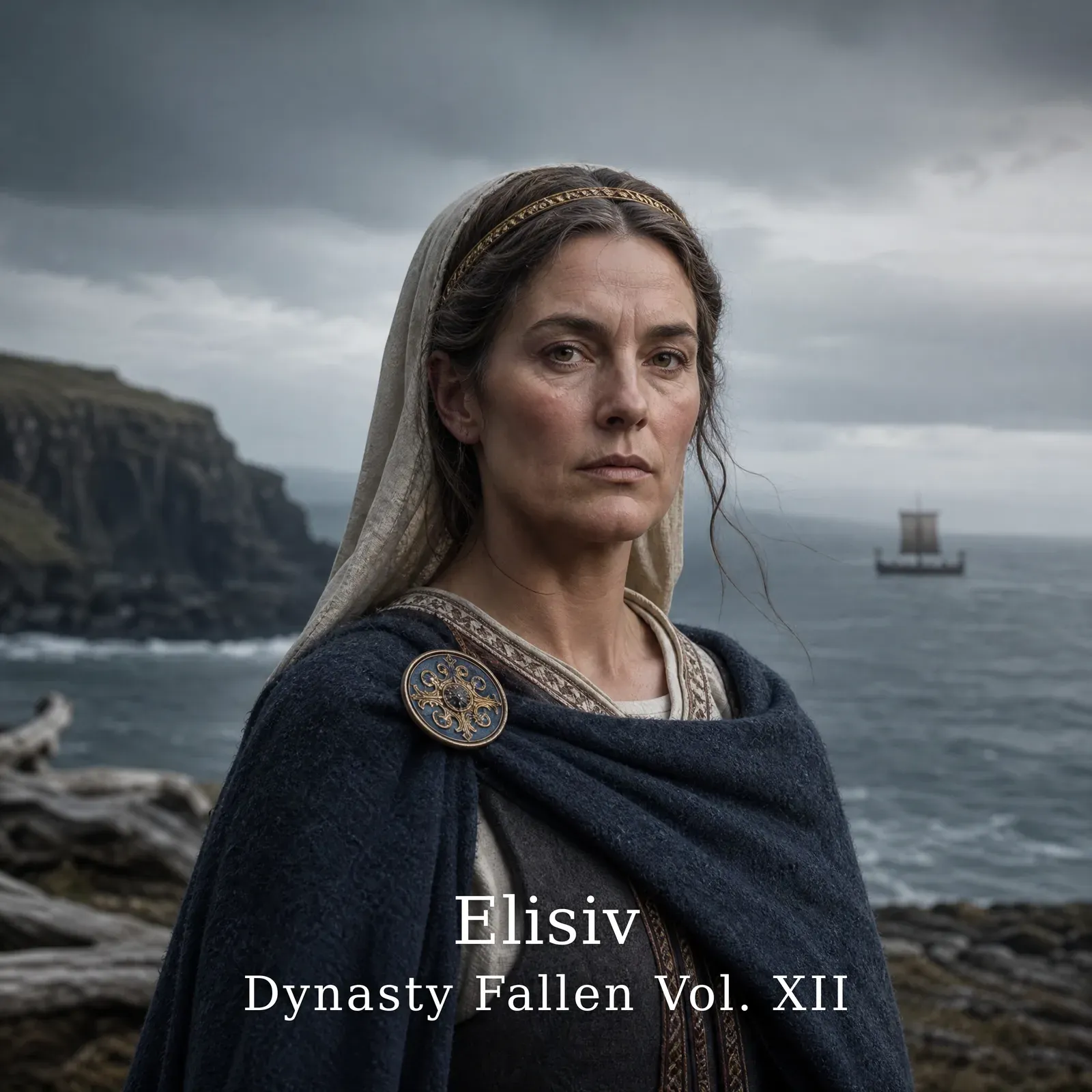 Elisiv — album cover. A Rus-Norse queen of about forty stands on a grey Orkney sea-headland, dark chestnut hair greying under a cream linen headcloth with a thin gold brow-band, a heavy dark blue-grey wool mantle clasped at the shoulder with a Byzantine gold-and-blue cloisonné disc brooch. Behind her, basalt cliffs and a single distant longship on the iron-grey North-Atlantic sea under a heavy overcast sky. The Cinzel wordmark reads ‘Elisiv’ over ‘Dynasty Fallen Vol. XII’ at the bottom of the frame.