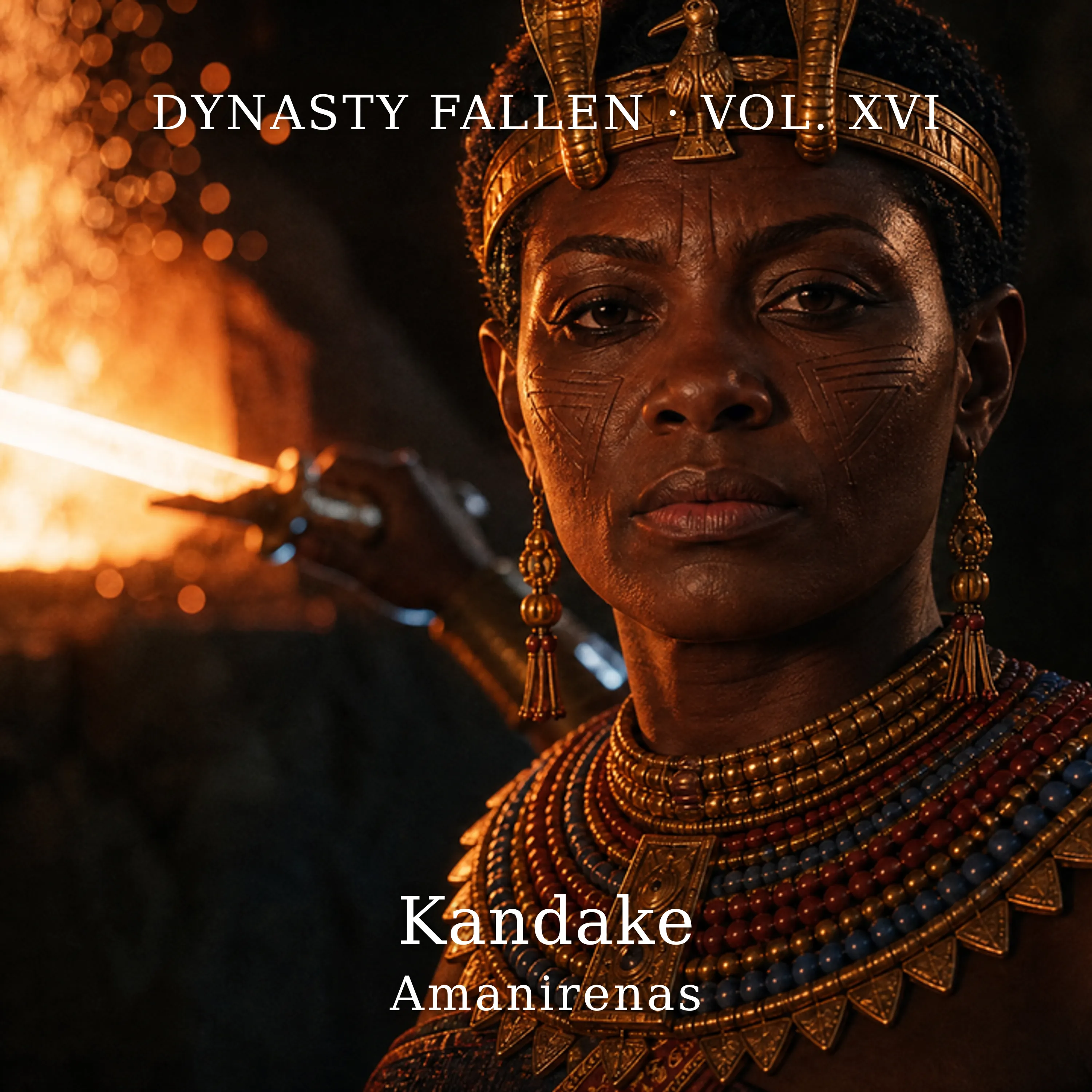 Amanirenas of Kush — album cover. The Kandake in Meroitic royal regalia, gold diadem with twin rearing cobras and a heavy gold-and-carnelian collar, lifting a white-hot forged iron blade off the anvil with tongs while the mouth of an iron-smelting furnace blazes behind her.