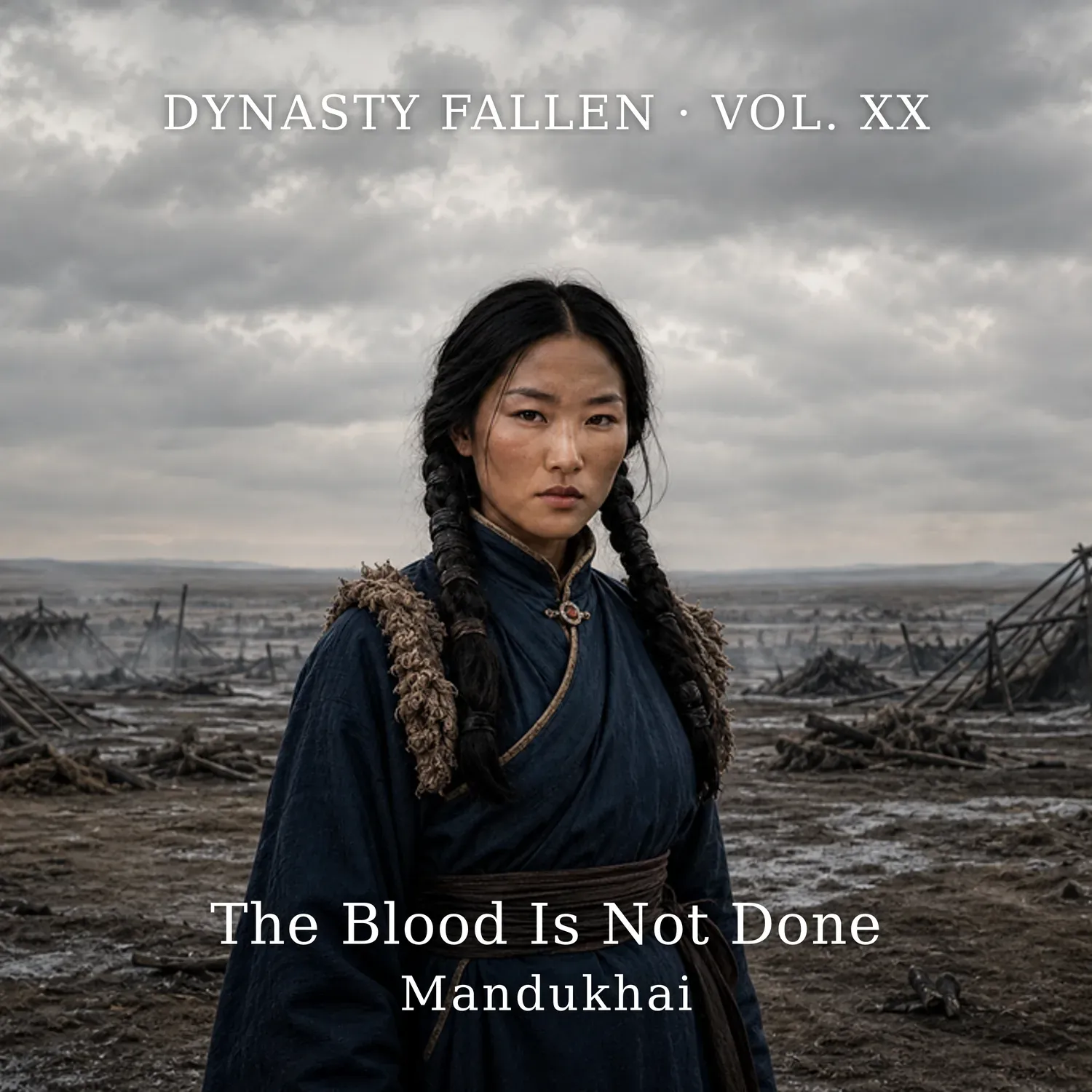 Mandukhai — album cover. A young fifteenth-century Mongol woman in a deep-indigo deel and sheepskin, dark hair in heavy plaited coils, a cold appraising stare, before the burnt tents of a war camp on the winter steppe. The Cinzel wordmark reads ‘Dynasty Fallen · Vol. XIV’.
