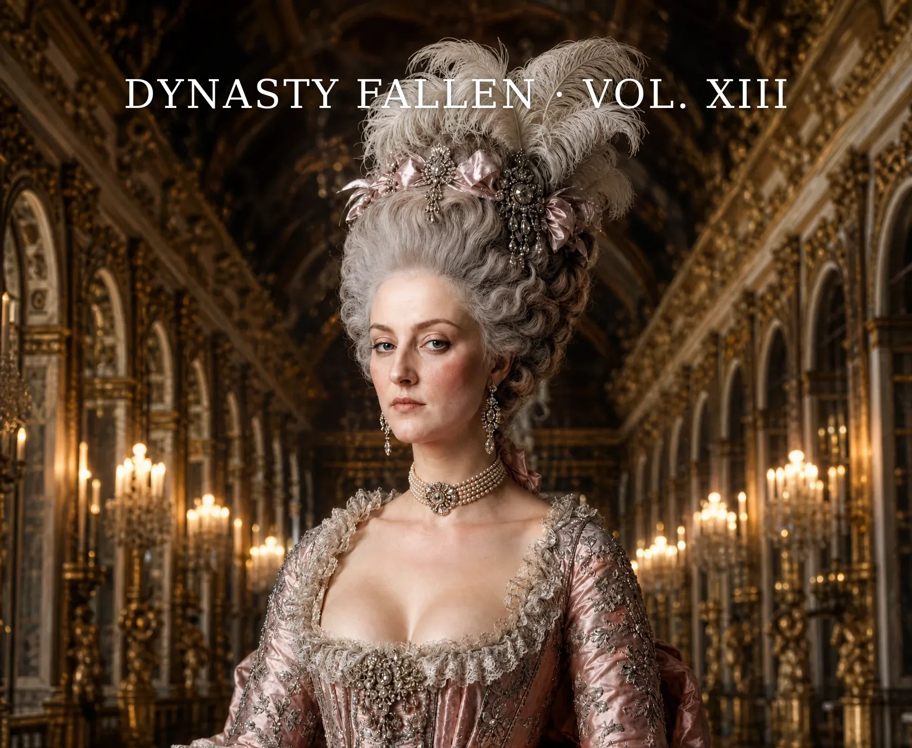 Marie Antoinette — album cover. Court-prime Marie Antoinette in the Hall of Mirrors at Versailles, in a rose rococo robe à la française with a jeweled stomacher and a pearl choker, her powdered hair dressed high in a feathered pouf. Composed, guarded, cool. The Cinzel wordmark reads ‘Dynasty Fallen · Vol. XIII’ across the top of the frame.