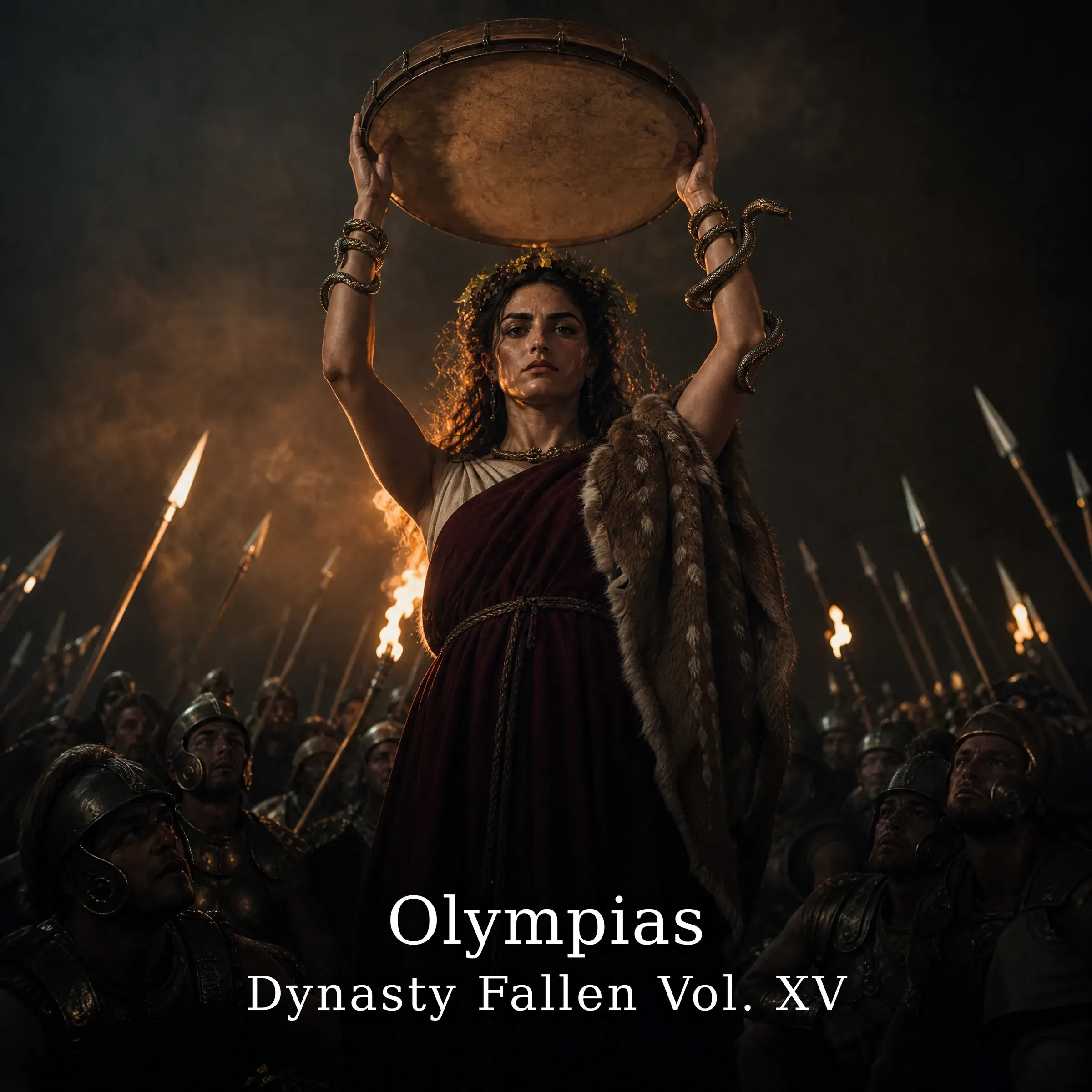 Olympias of Epirus — album cover. The queen in a wine-red chiton and fawnskin, an ivy crown and bronze serpents coiled at her wrists, raising a Dionysian frame drum high overhead as a wall of Macedonian spearmen lowers their spears and kneels in the torchlit dark behind her.