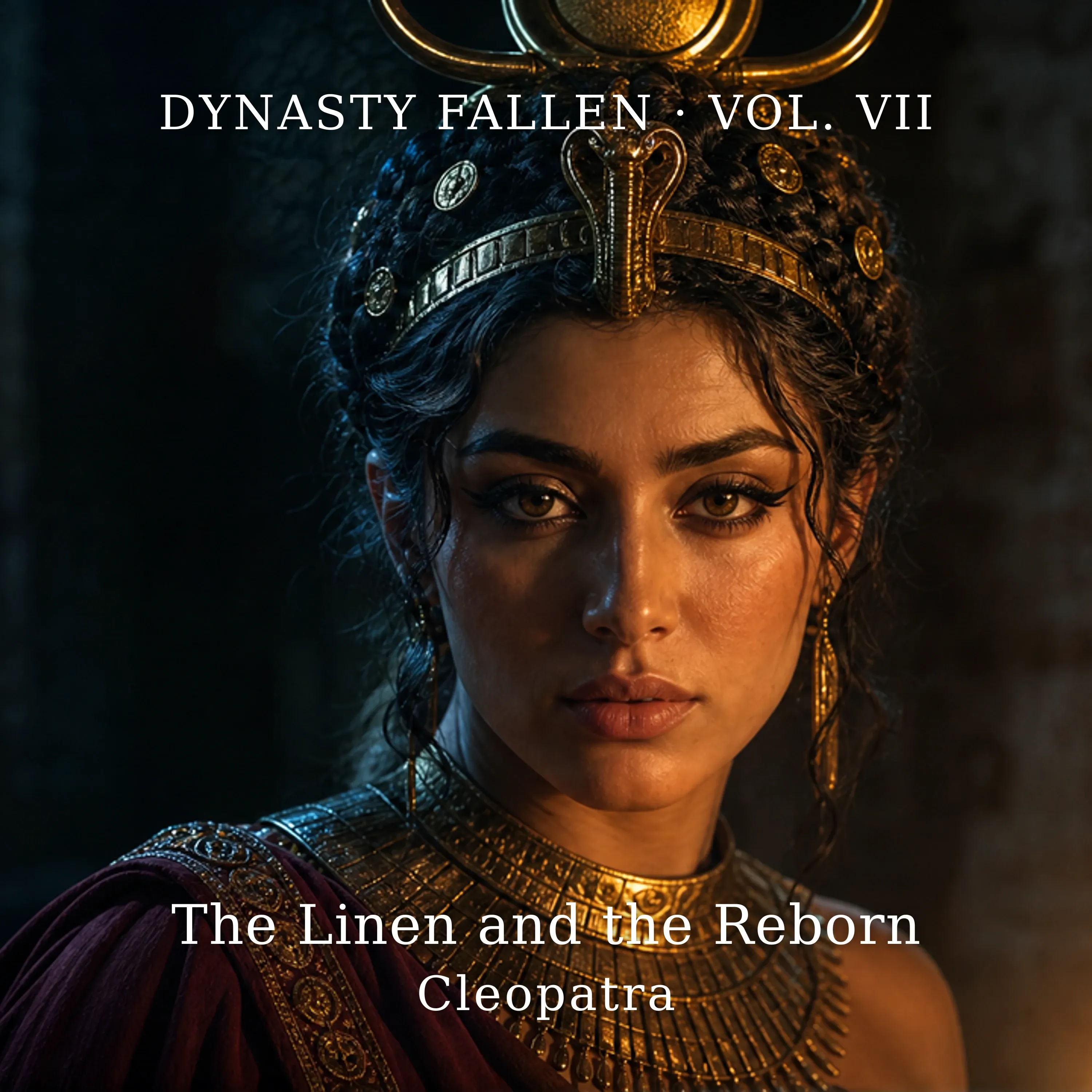 The Linen and the Reborn — track key art. Cleopatra in C2 Isis regalia in three-quarter close, kohl-lined eyes meeting the camera, the gilded Hathor solar-disc-and-horns crown and rearing Uraeus catching warm lamp-light, electrum wesekh collar across her shoulders, wine-red linen and Tyrian-purple robe, the dark stone of the palace receding behind her. The Cinzel wordmark reads ‘The Linen and the Reborn’ over ‘Cleopatra’ with the top banner ‘Dynasty Fallen · Vol. VII’.