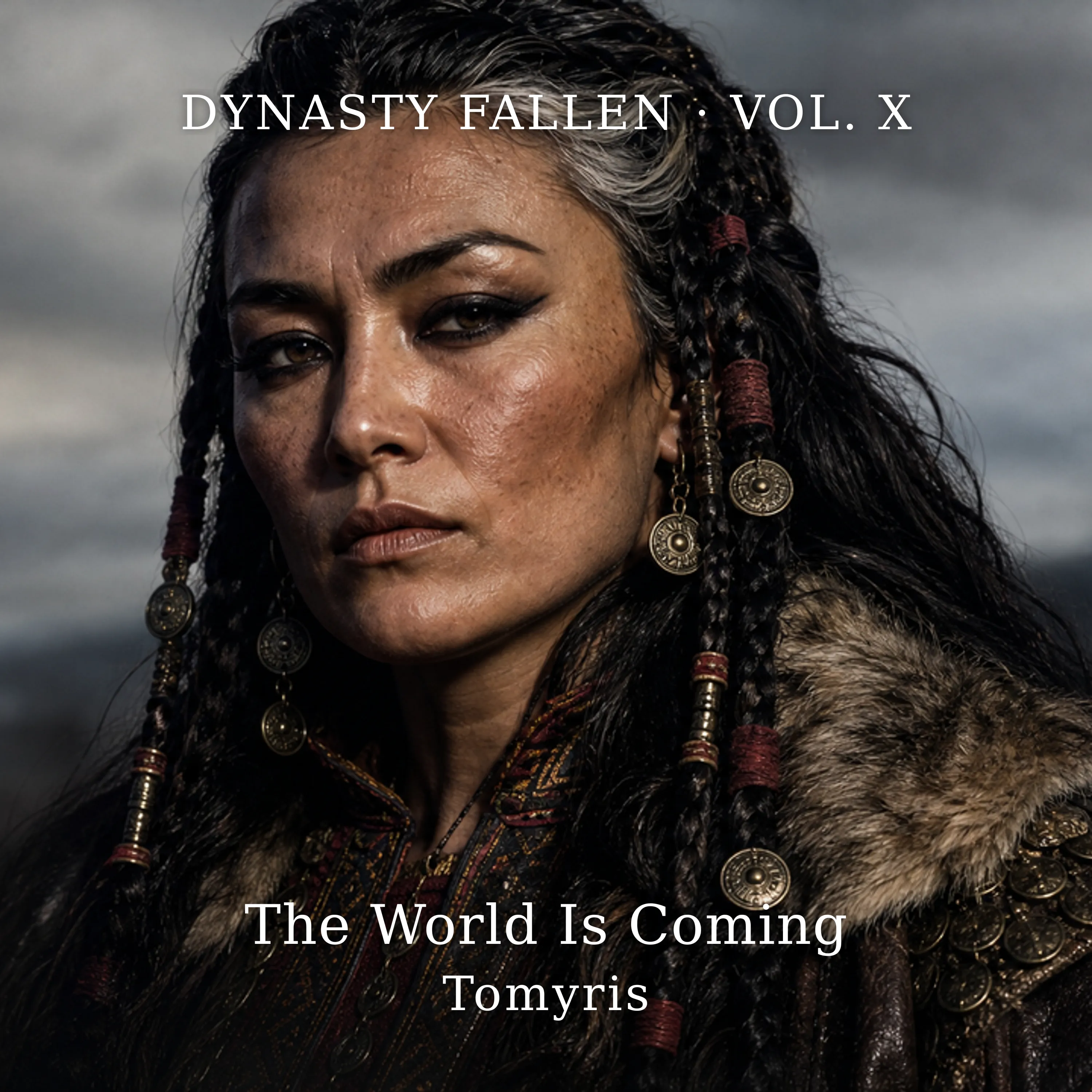 Tomyris of the Massagetae — album cover. The steppe warrior queen in bone-white and oxblood wool, bronze scale at the shoulder, kohl-lined eyes, dark warrior braids, before a cold bone-white dawn over the open grass.
