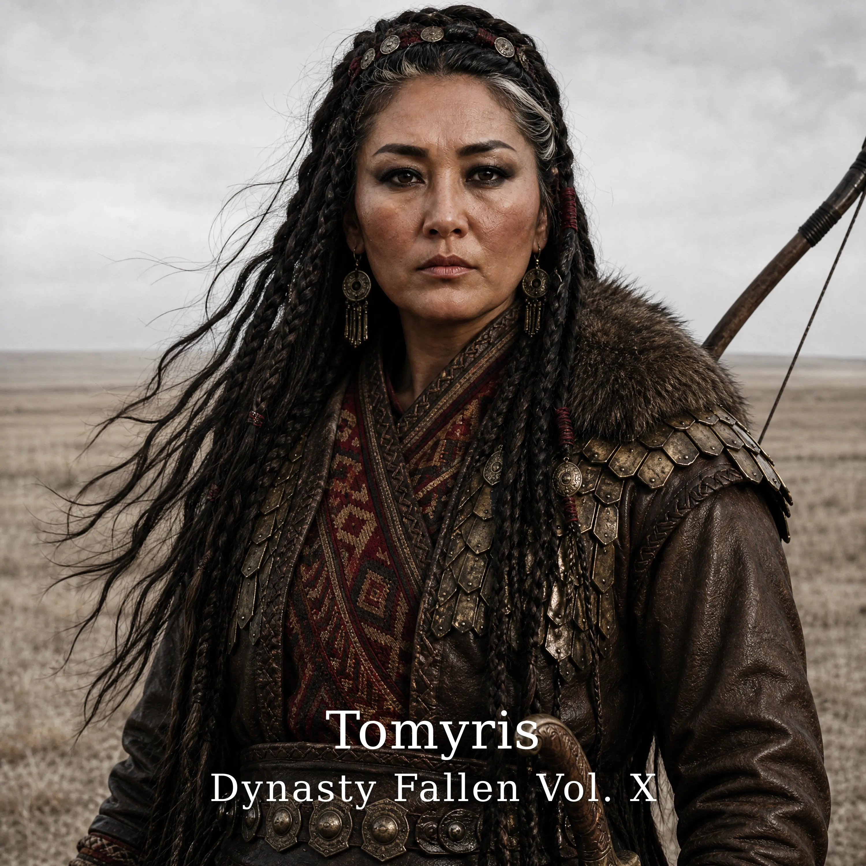 Tomyris of the Massagetae — album cover. The steppe warrior queen in bone-white and oxblood wool, bronze scale at the shoulder, kohl-lined eyes, dark warrior braids, before a cold bone-white dawn over the open grass.